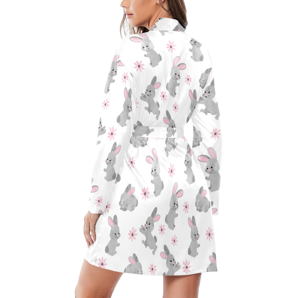 Watercolor cute rabbit pattern Women's Long Sleeve Belted Night Robe