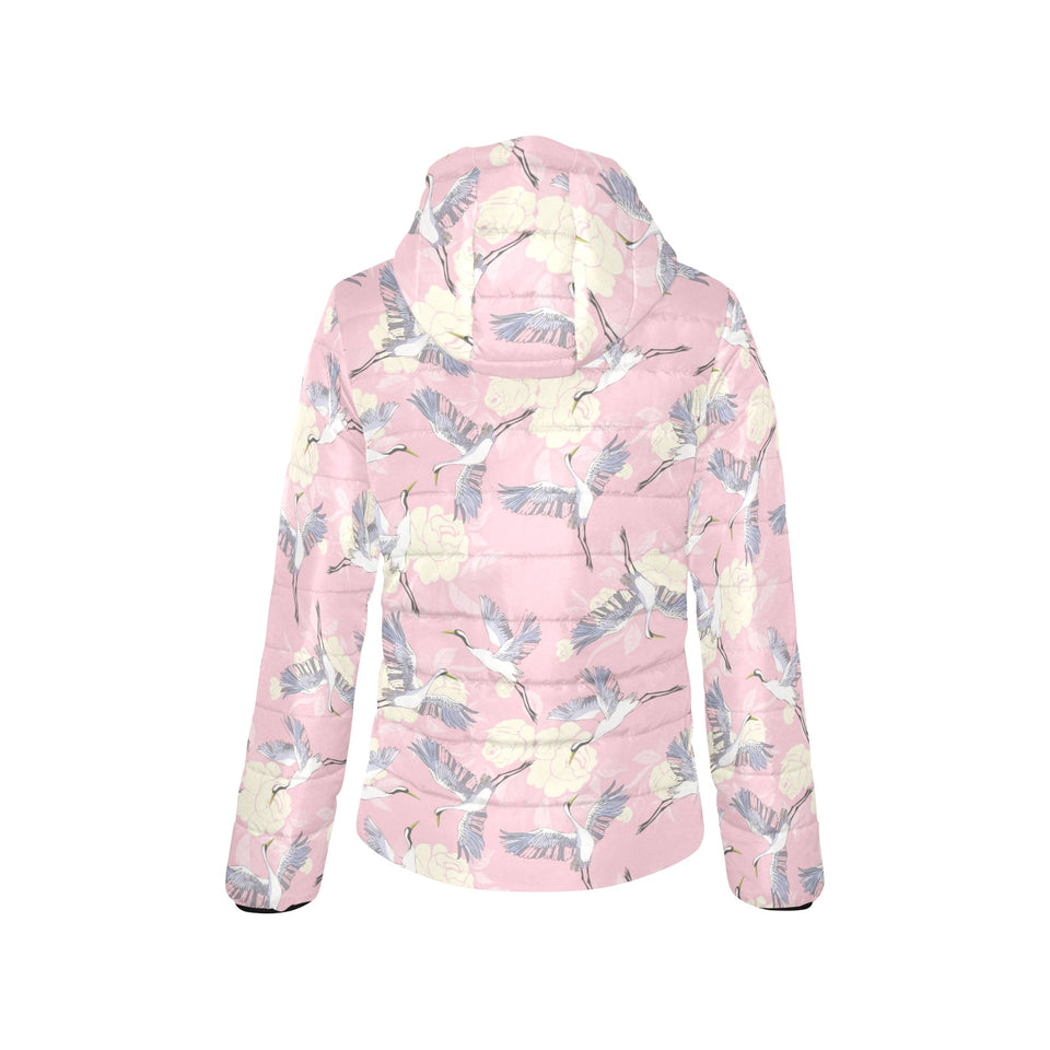 Japanese crane rose pattern Women's Padded Hooded Jacket