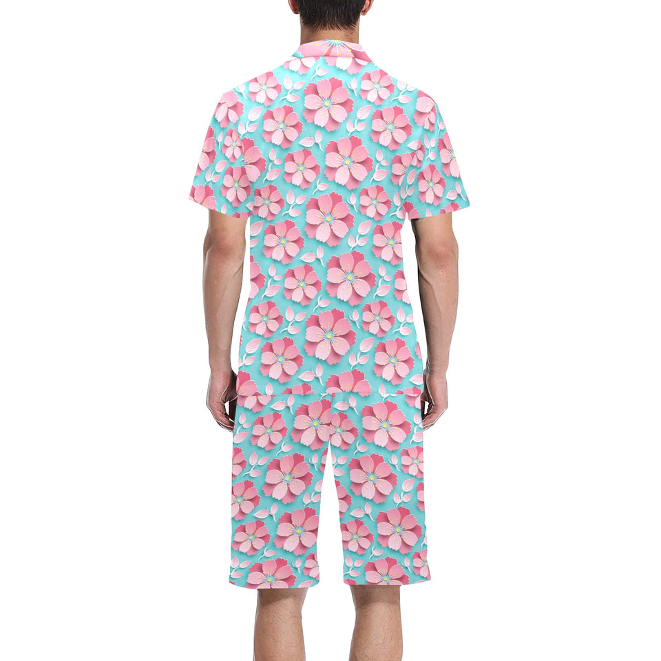 3D sakura cherry blossom pattern Men's V-Neck Short Pajama Set