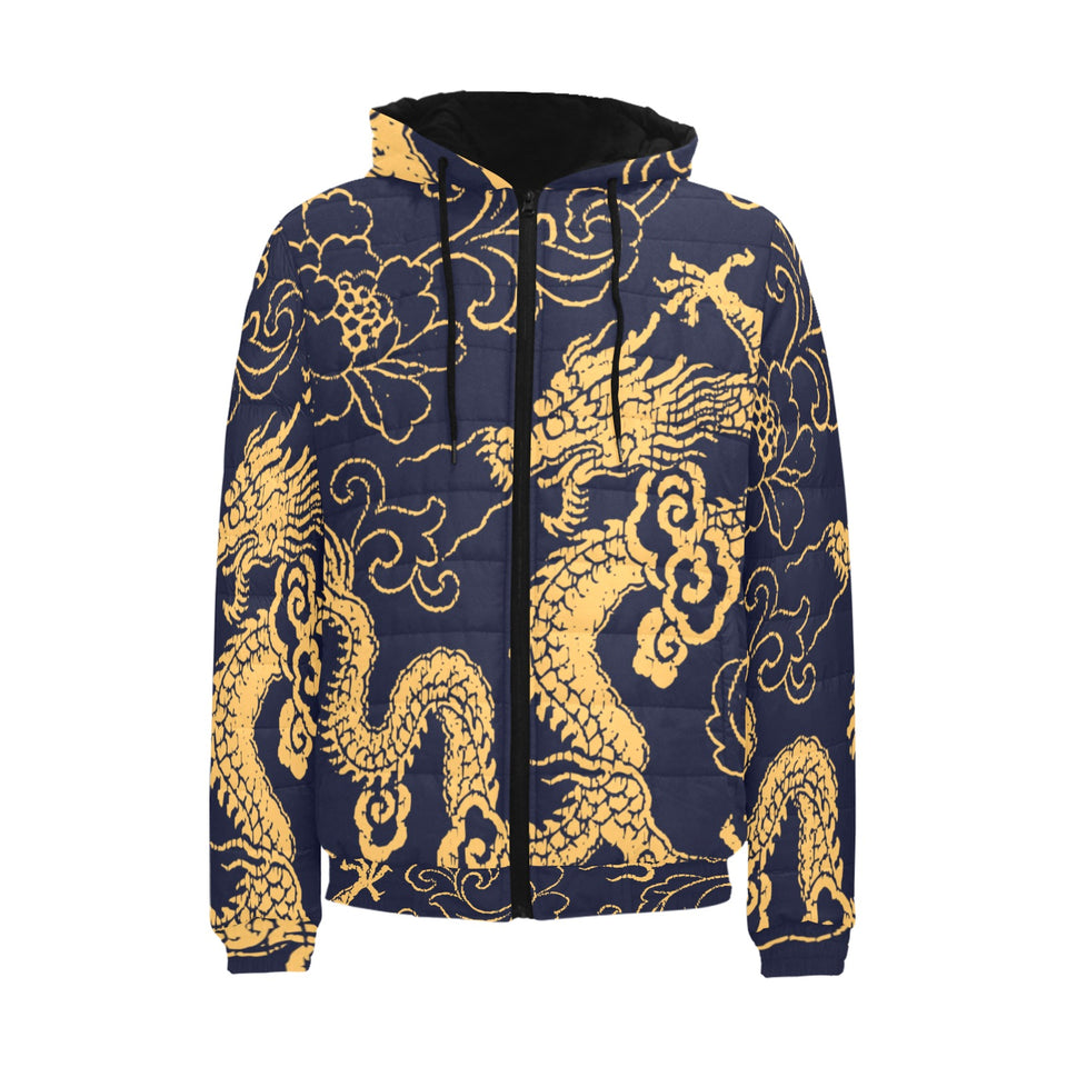 Gold dragon pattern Men's Padded Hooded Jacket
