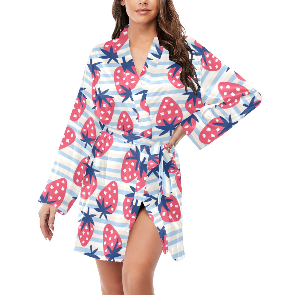 Strawberry pattern blue lines background Women's Long Sleeve Belted Night Robe