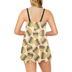 Hamburger Pattern Print Design 01 Chest Sexy Pleated Two Piece Swim Dress