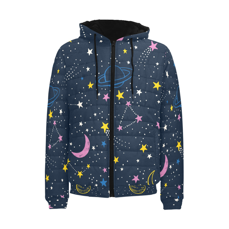 space pattern with planets, comets, constellations Men's Padded Hooded Jacket