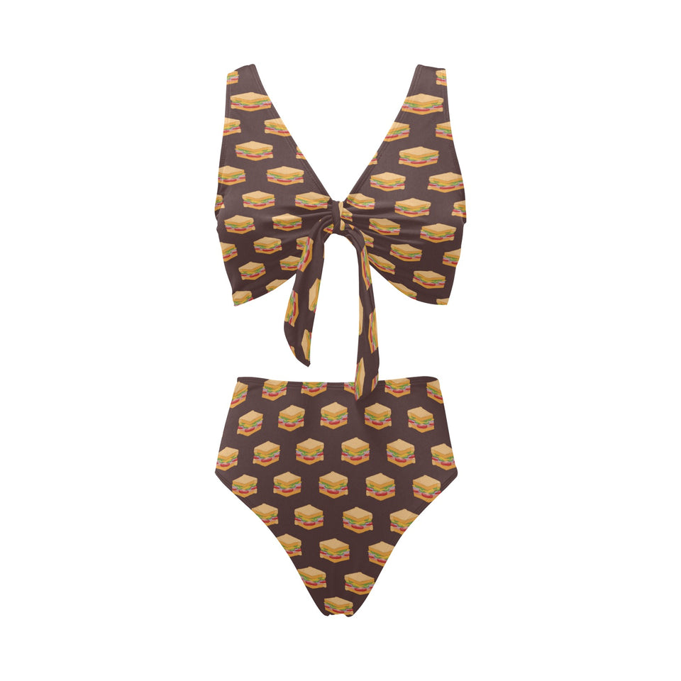 Sandwich Pattern Print Design 04 Chest Bowknot High Waisted Bikini Swimsuit