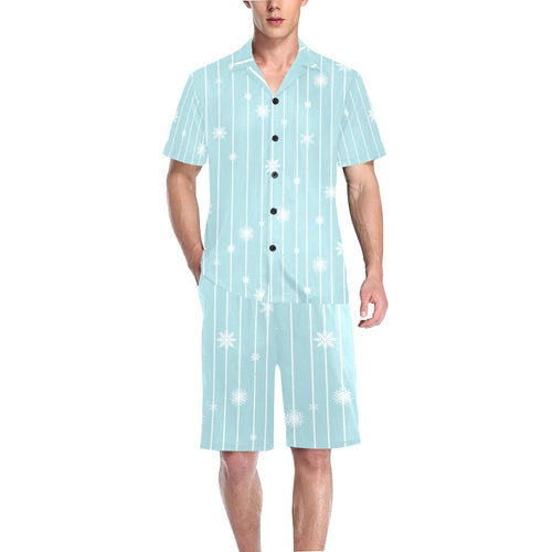 Snowflake pattern blue stripe background Men's V-Neck Short Pajama Set