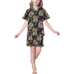 Eagle Pattern Print Design 05 Kids' Boys' Girls' V-Neck Short Pajama Set