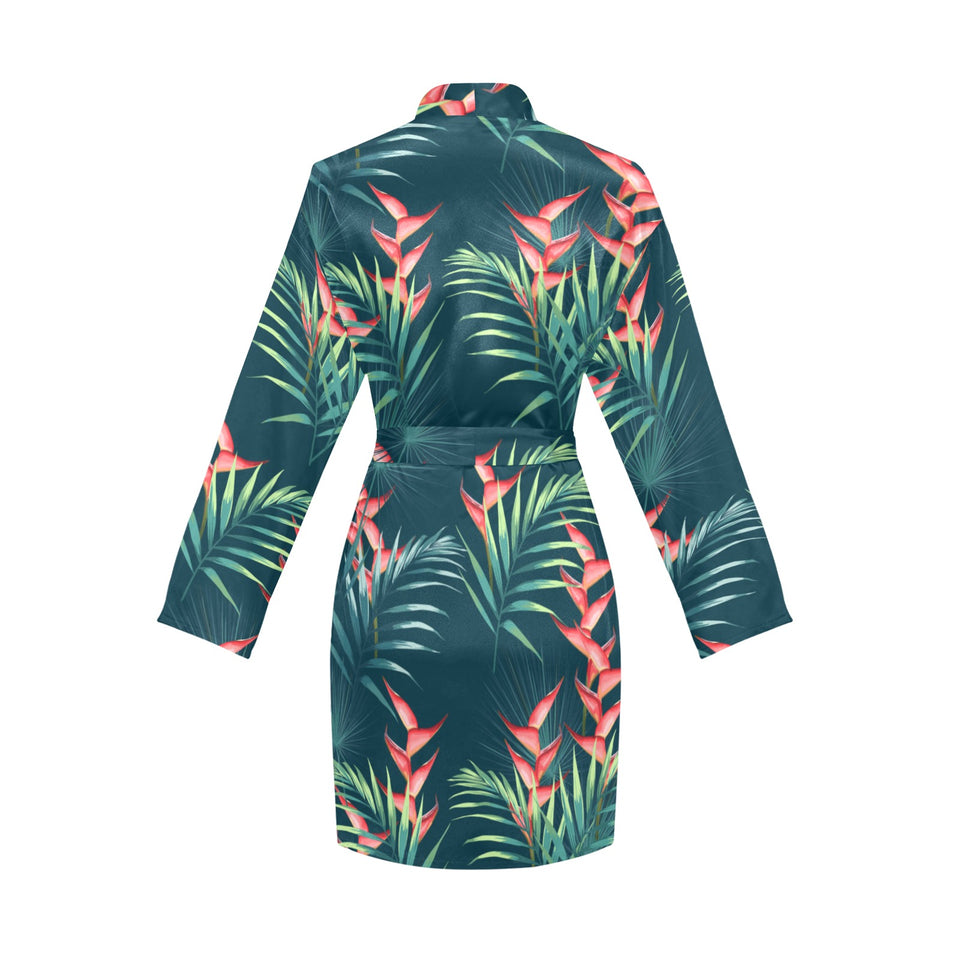 heliconia flowers, palm and monstera leaves on bla Women's Long Sleeve Belted Night Robe