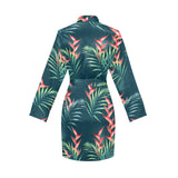 heliconia flowers, palm and monstera leaves on bla Women's Long Sleeve Belted Night Robe