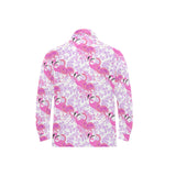 Pink flamingo flower pattern Men's Long Sleeve Polo Shirt