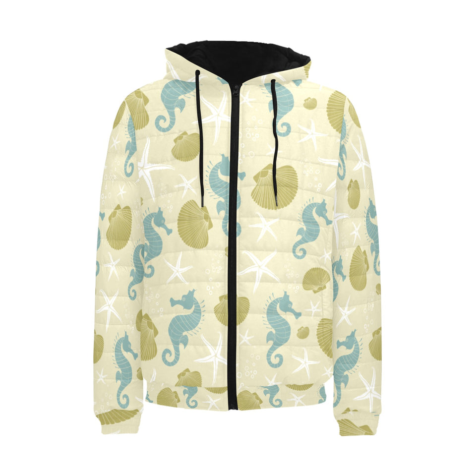 Seahorse shell starfish pattern background Men's Padded Hooded Jacket