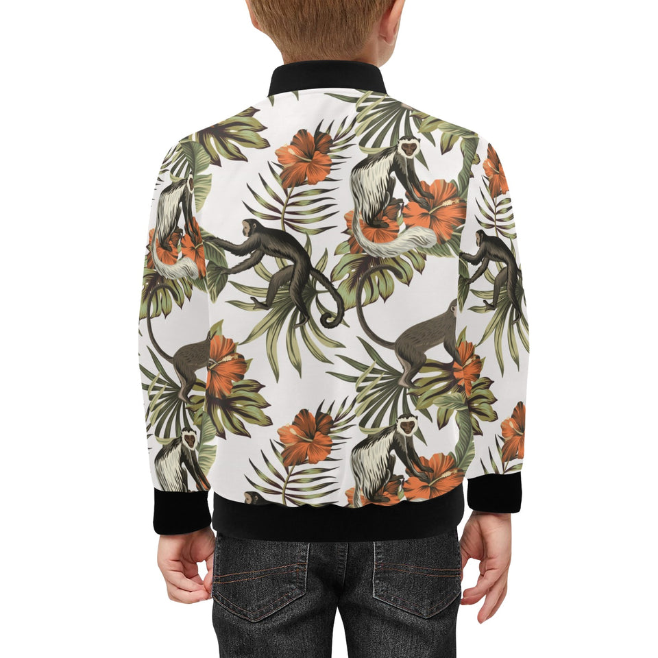 Monkey red hibiscus flower palm leaves floral patt Kids' Boys' Girls' Bomber Jacket