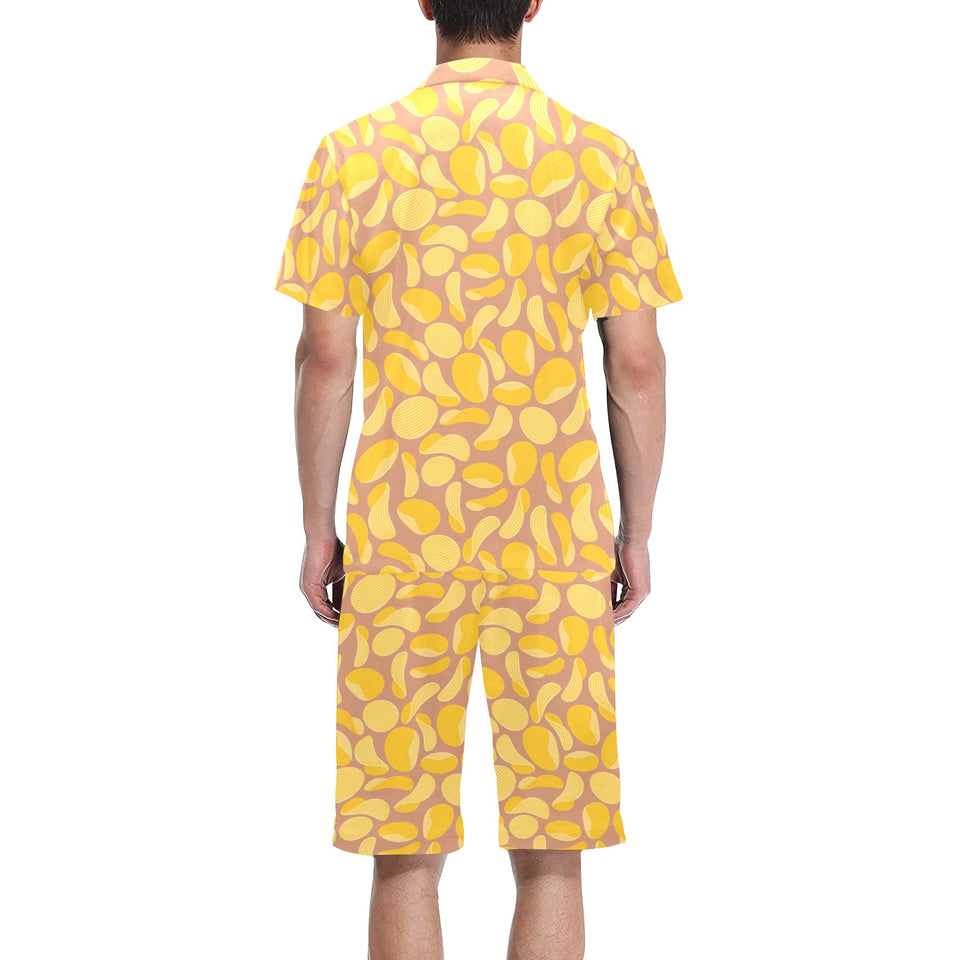 Potato Chips Pattern Print Design 01 Men's V-Neck Short Pajama Set