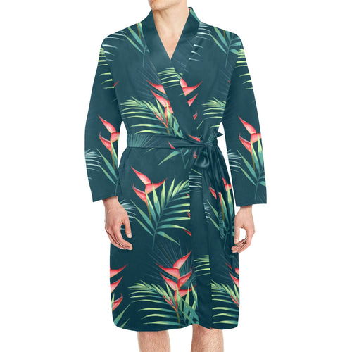 heliconia flowers, palm and monstera leaves on bla Men's Long Sleeve Belted Night Robe
