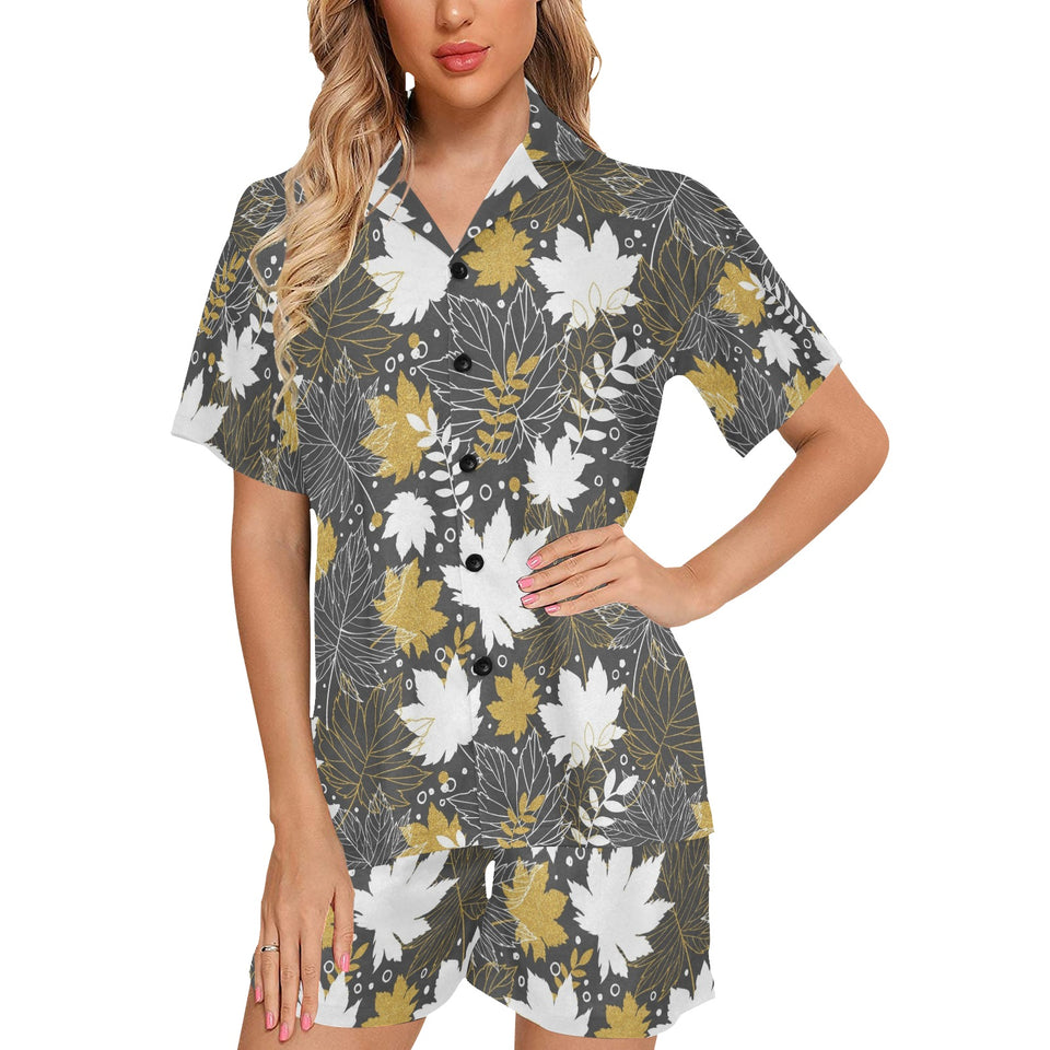 Beautiful gold autumn maple leaf pattern Women's V-Neck Short Pajama Set