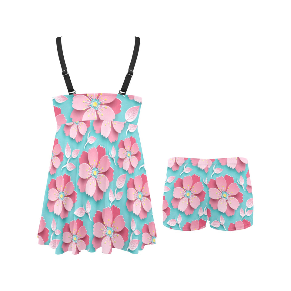 3D sakura cherry blossom pattern Chest Sexy Pleated Two Piece Swim Dress
