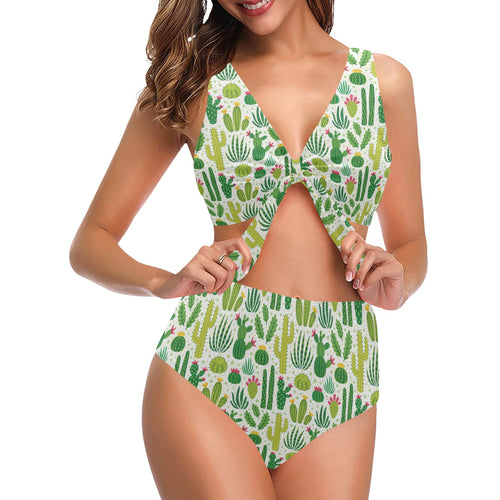Cactus pattern copy Chest Bowknot High Waisted Bikini Swimsuit