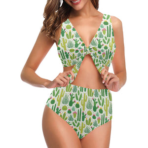Cactus pattern copy Chest Bowknot High Waisted Bikini Swimsuit