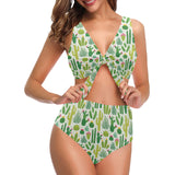 Cactus pattern copy Chest Bowknot High Waisted Bikini Swimsuit