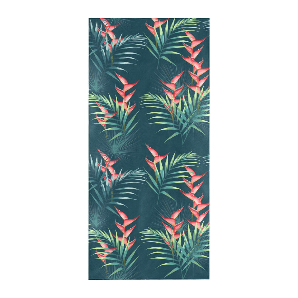 heliconia flowers, palm and monstera leaves on bla Beach Towel
