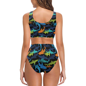 Colorful shark Chest Bowknot High Waisted Bikini Swimsuit