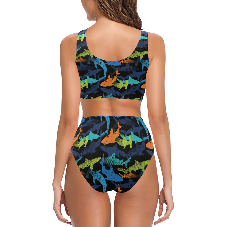 Colorful shark Chest Bowknot High Waisted Bikini Swimsuit