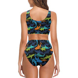Colorful shark Chest Bowknot High Waisted Bikini Swimsuit