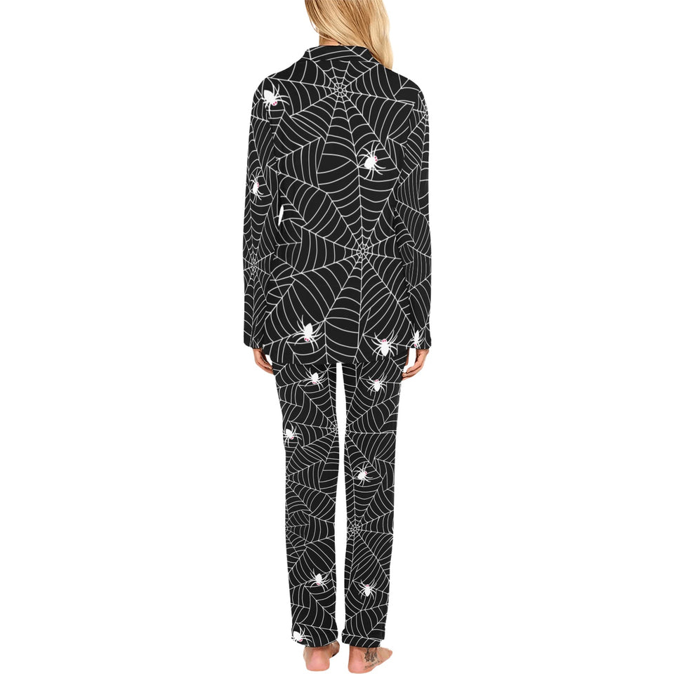 Spider web design pattern Black background white c Women's Long Pajama Set