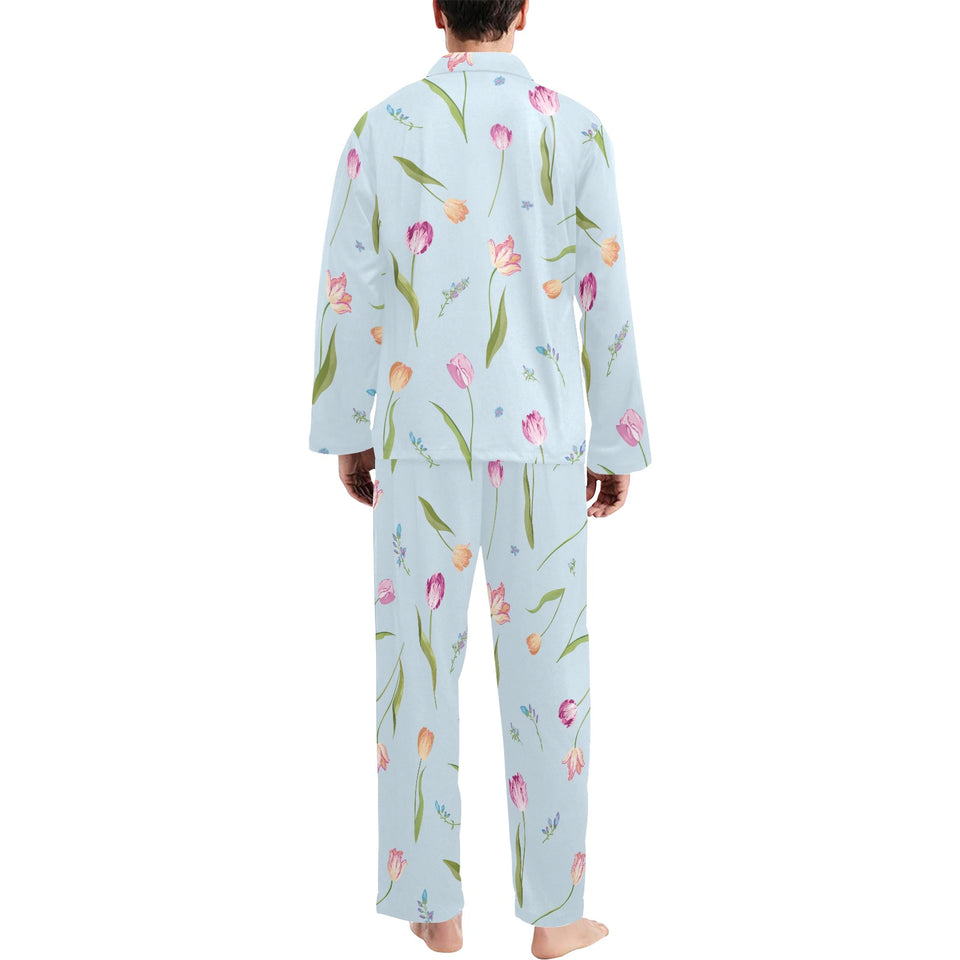Watercolor Tulips pattern Men's Long Pajama Set
