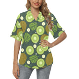 Whole sliced kiwi leave and flower Women's All Over Print Hawaiian Shirt