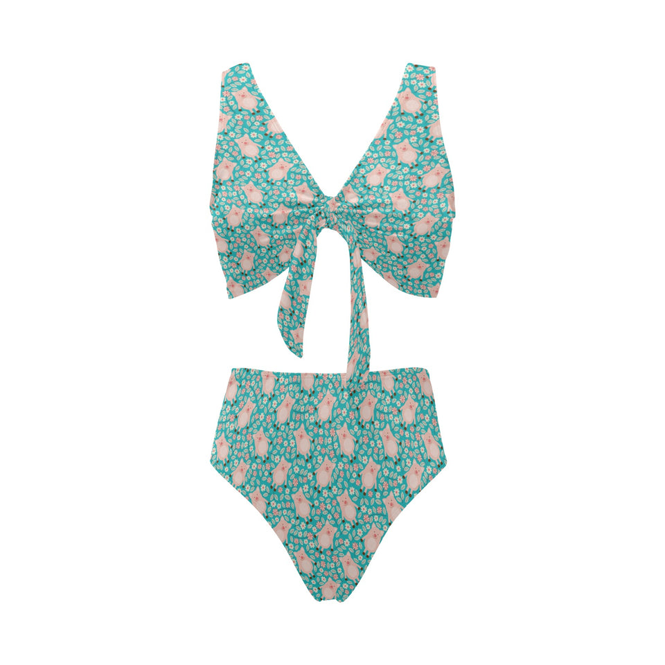 Pig Pattern Print Design 01 Chest Bowknot High Waisted Bikini Swimsuit