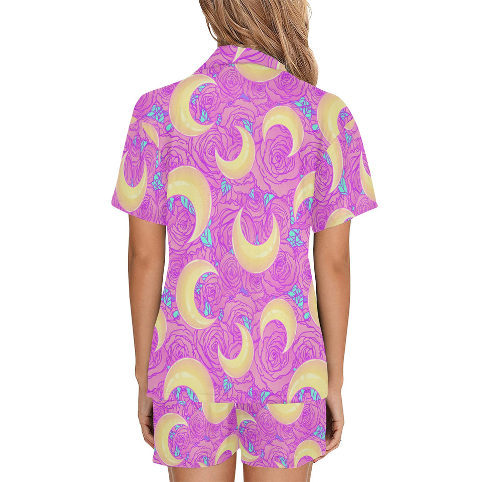 Moon pink rose background Women's V-Neck Short Pajama Set