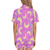 Moon pink rose background Women's V-Neck Short Pajama Set