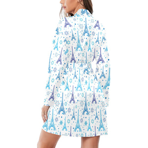 Blue Eiffel Tower Theme Pattern Print Design 01 Women's Long Sleeve Belted Night Robe