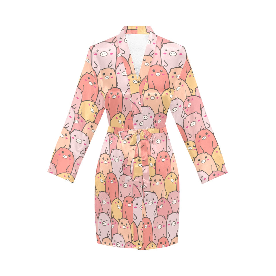 Pig Pattern Print Design 04 Women's Long Sleeve Belted Night Robe
