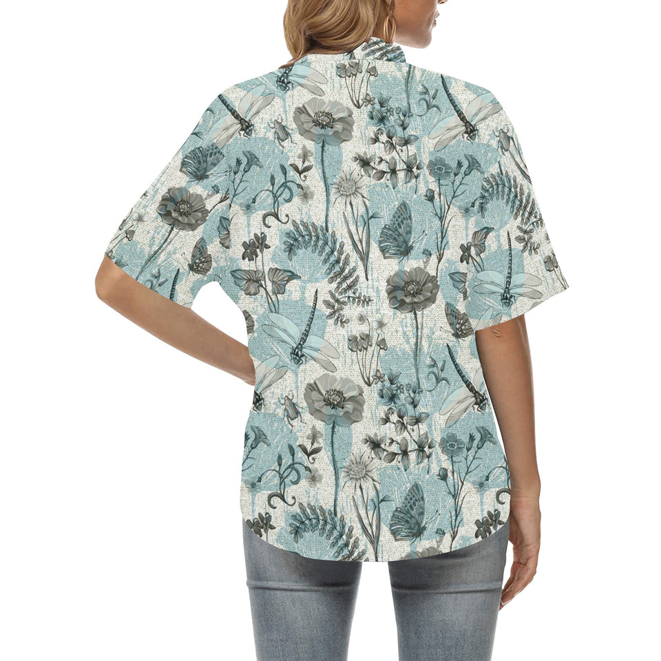 Dragonfly Butterfly Plants insect flower vintage s Women's All Over Print Hawaiian Shirt