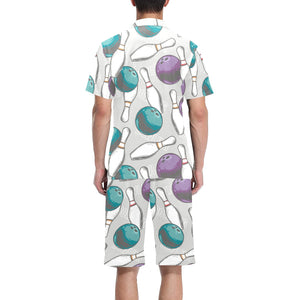 Bowling ball and pin gray background Men's V-Neck Short Pajama Set