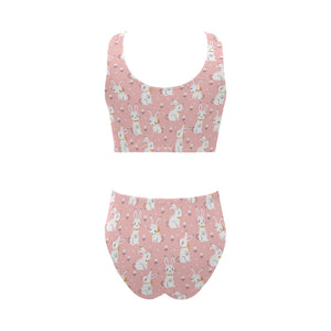 Cute white rabbit flower pink background Chest Bowknot High Waisted Bikini Swimsuit