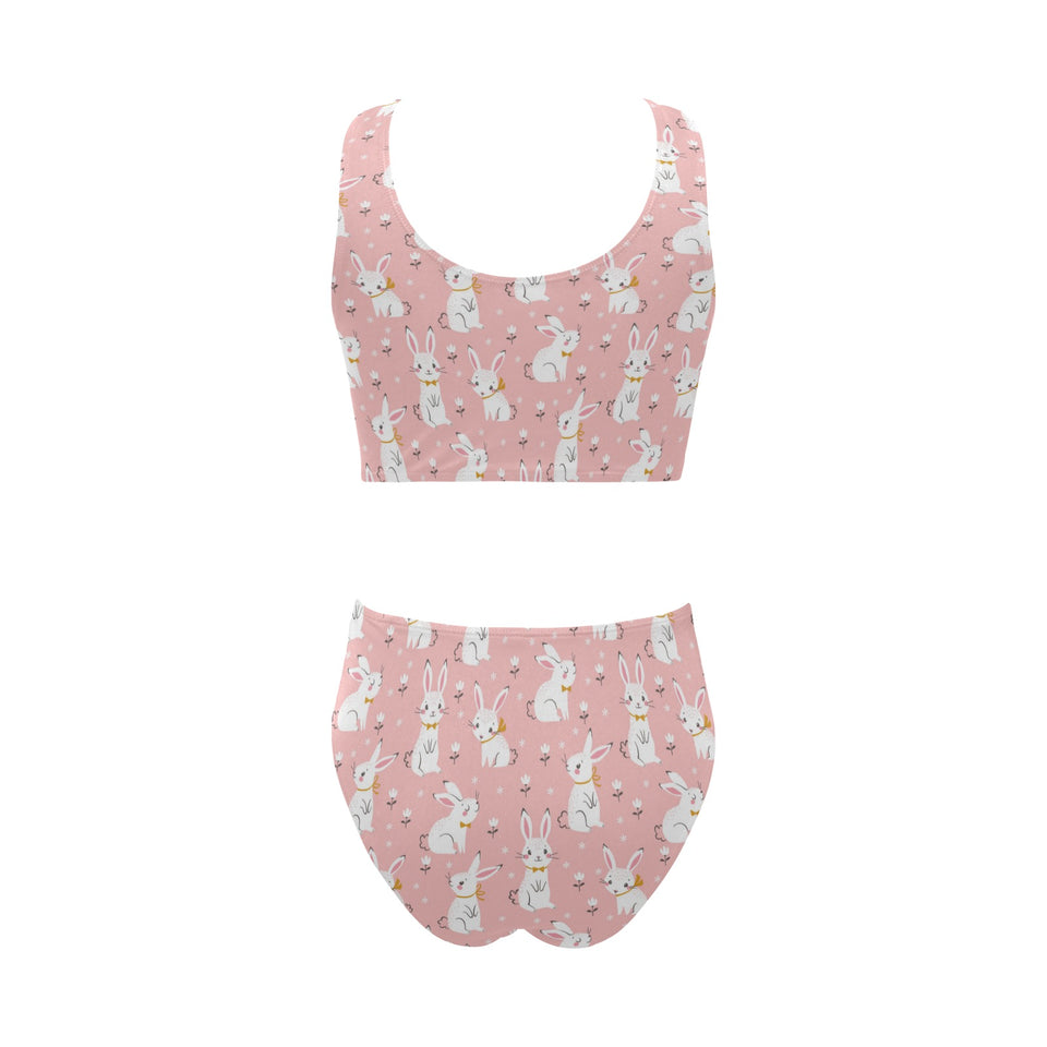 Cute white rabbit flower pink background Chest Bowknot High Waisted Bikini Swimsuit