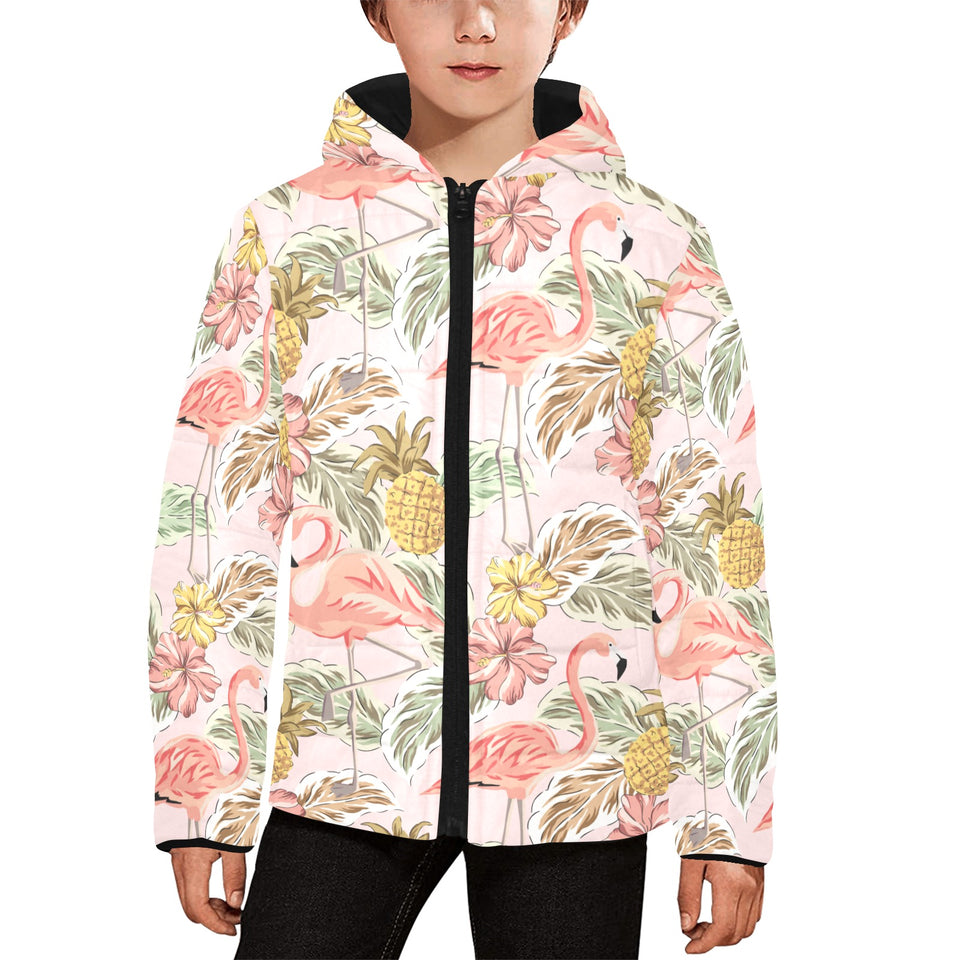 Pink flamingo birds pineapples hibiscus flower pat Kids' Boys' Girls' Padded Hooded Jacket