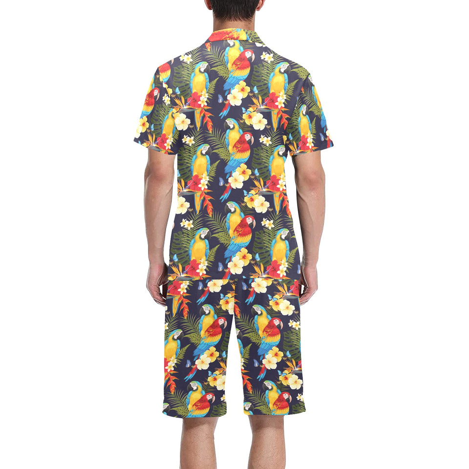 Colorful parrot flower pattern Men's V-Neck Short Pajama Set