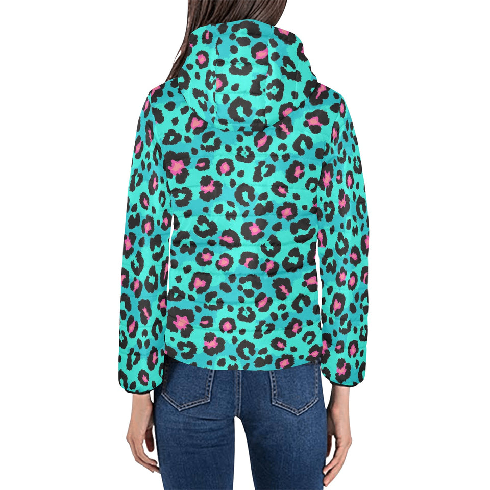 Green leopard skin print pattern Women's Padded Hooded Jacket