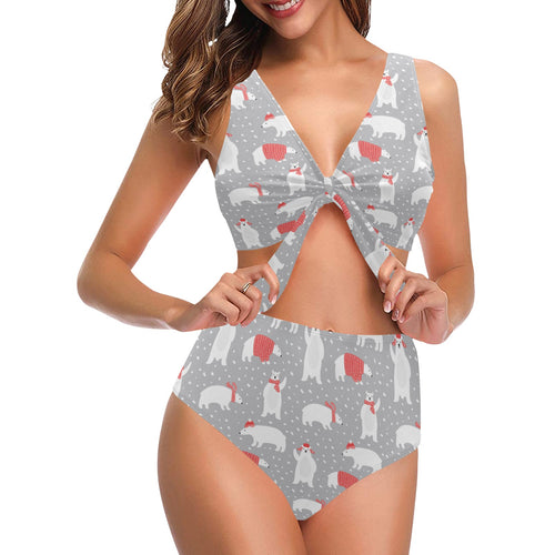 Cute polar bear christmas snow pattern Chest Bowknot High Waisted Bikini Swimsuit