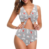 Cute polar bear christmas snow pattern Chest Bowknot High Waisted Bikini Swimsuit