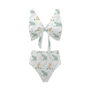Cute Rhino pattern Chest Bowknot High Waisted Bikini Swimsuit