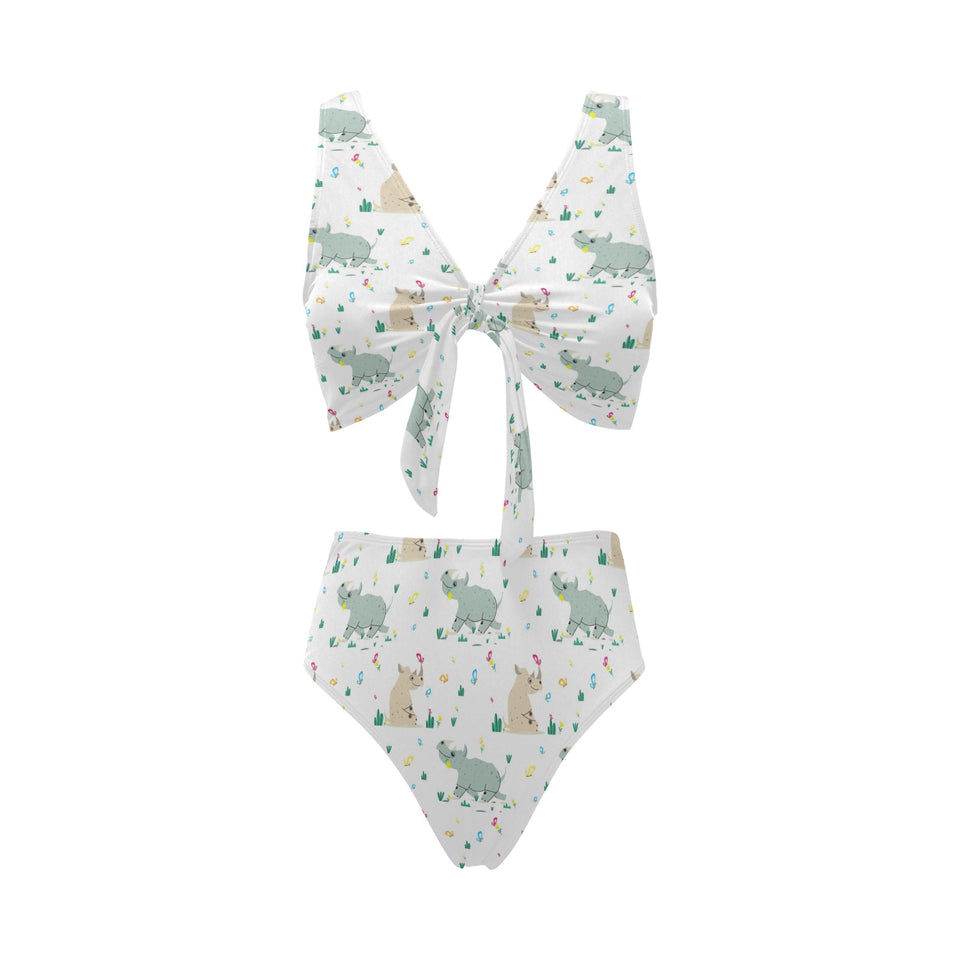 Cute Rhino pattern Chest Bowknot High Waisted Bikini Swimsuit