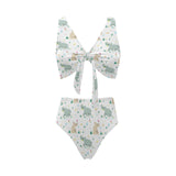 Cute Rhino pattern Chest Bowknot High Waisted Bikini Swimsuit