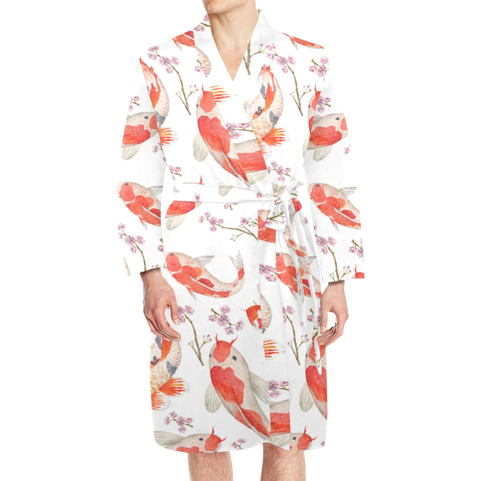 Watercolor Koi Fish Carp Fish pattern Men's Long Sleeve Belted Night Robe