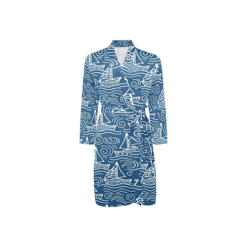 Hand drawn sailboat pattern Men's Long Sleeve Belted Night Robe