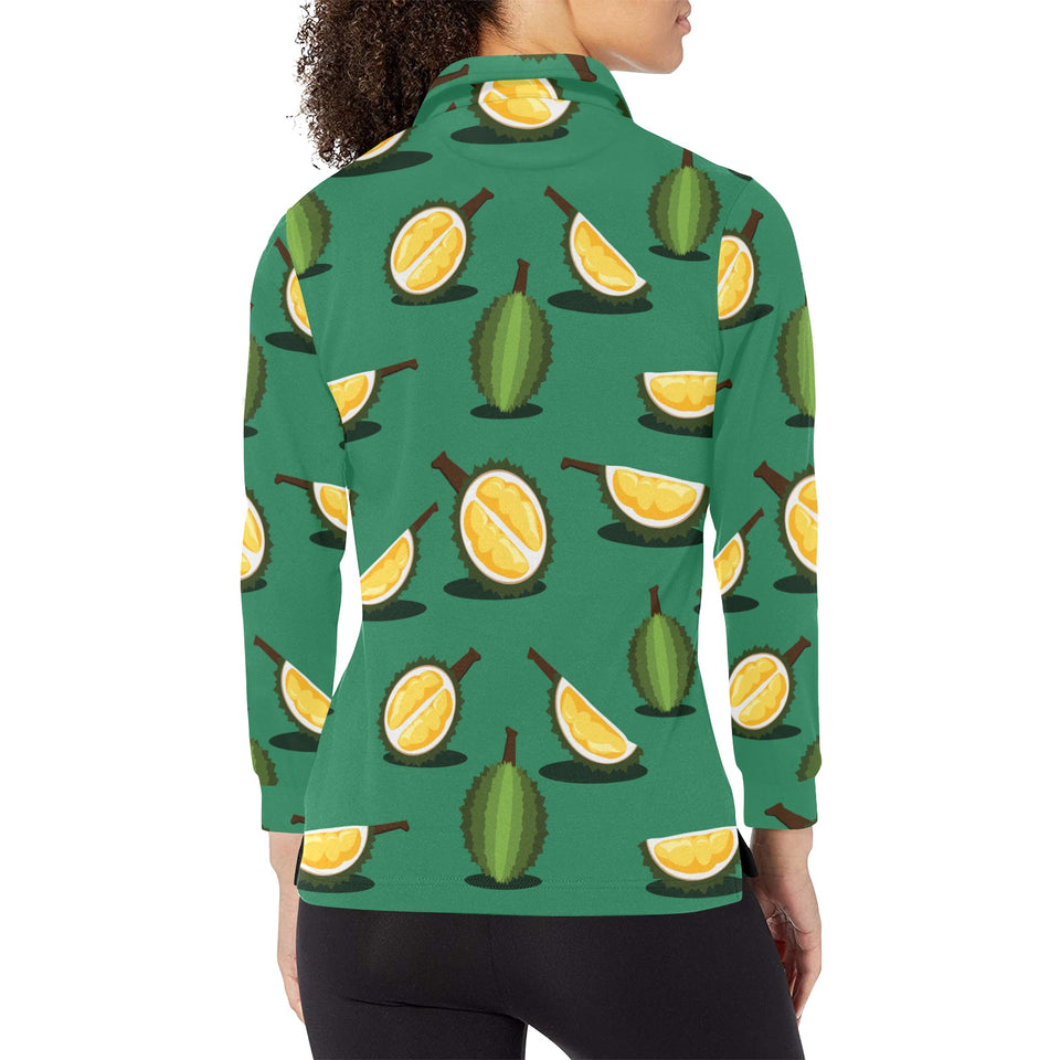 Durian pattern green background Women's Long Sleeve Polo Shirt