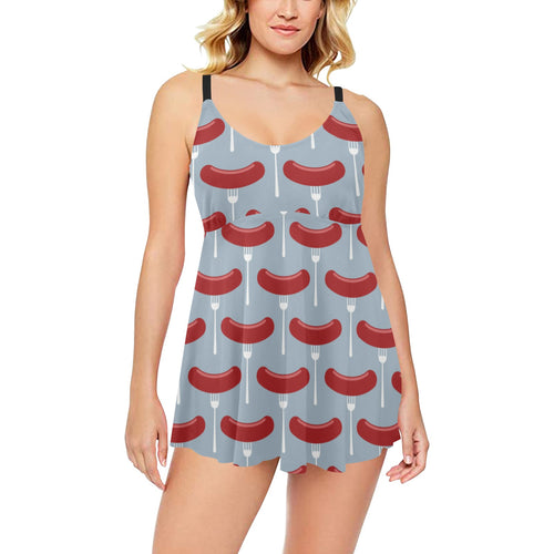 Sausage Pattern Print Design 02 Chest Sexy Pleated Two Piece Swim Dress
